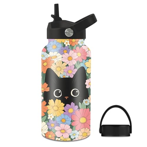 Gifts for Cat Lover, 25oz Black Cat Water Bottle with 2 Lid & Straw - Cats Flowers Insulated Water Bottles, BPA-free Leakproof Sports Waters Bottle for School Travel, Gift Cup for Cats Mom Dad - color: Black cat
