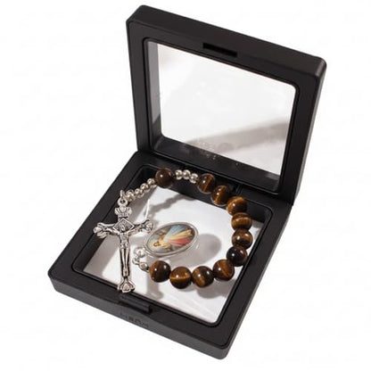 Catholic Pocket Rosary Decade – Natural Tiger Eye Stone Prayer Beads with Divine Mercy Medal & Metal Crucifix, Christian Pocket Rosary for Daily Prayer, Travel & Gifts