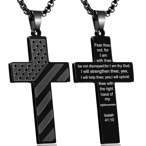 RWQIAN American Flag Cross Necklace for Men Bible Verse, Christian Religious Scriptures Faith Baptism 1st First Communion Pendant Chain for Boys, Fathers Dad Day Graduation Jewelry Gifts for Him - color: Black, style: Isaiah 41-10