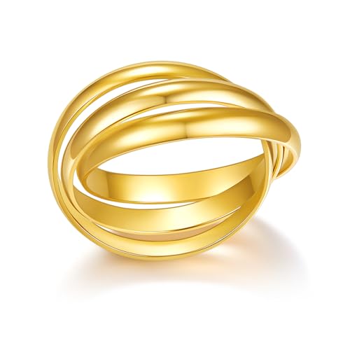 BORUO Fidget Stacking Ring, Waterproof Gold Plated, Three Row Size 4 - color: Waterproof 3mm 14K Gold Plated Stainless Steel