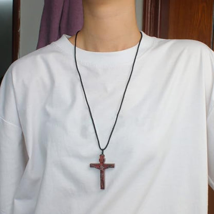 Wooden Crucifix Necklace for Men Women, Brown Wood Cross Christian Jesus Catholic Handmade Natural Pendant Chain, Braided Cord Rope, Religious Jewelry Spiritual Gift for Baptism Confirmation Easter