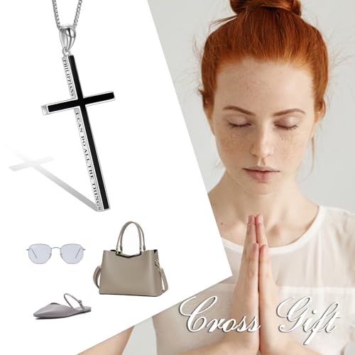 POPLYKE Cross Necklace 925 Sterling Silver Philippians 4:13 I Can Do All The Things Inspirational Necklace Gifts for Women Men 20+2'' - color: Black Onyx