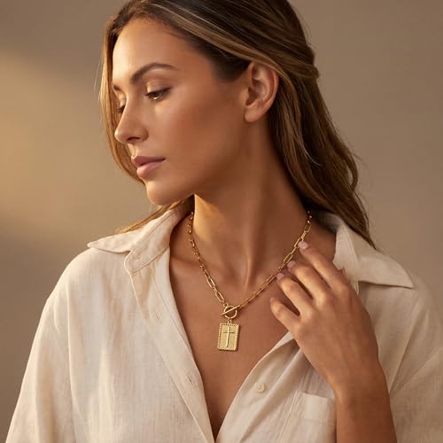 Cross Necklace for Women Girls, 14K Gold Plated Dainty Pendant Necklaces Set, Cute Trendy Faith Christian Religious Everyday Jewelry Gifts Aesthetic Accessories Non Tarnish - color: Paperclip Toggle