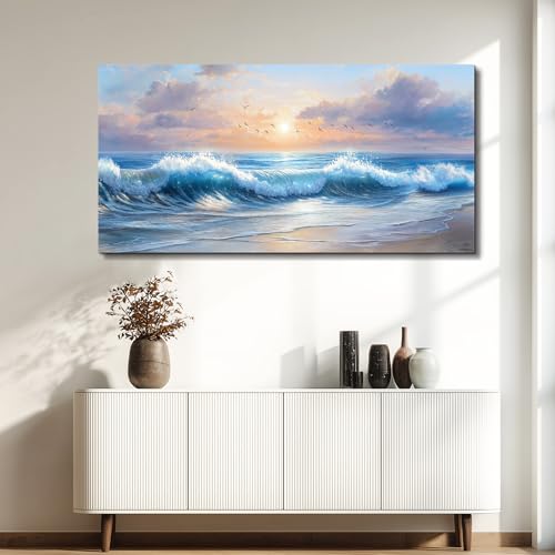 XIGUANGART Beach Pictures Wall Art,Coastal Sunrise Seascape Painting 24x48 - color: Sea Wave Painting, size: 48"L x 24"W