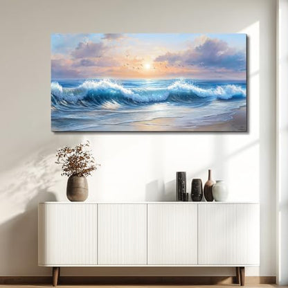 XIGUANGART Beach Pictures Wall Art,Coastal Sunrise Seascape Painting 24x48 - color: Sea Wave Painting, size: 48"L x 24"W