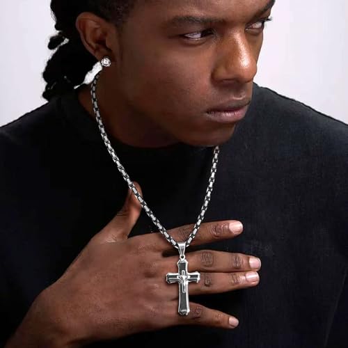 FLHEART Byzantine Cross Necklace for Men, Black Silver Stainless Steel Cross Chain Pendant Necklace Masculine Chunky Sturdy Mens Christian Jewelry Gift 22/24 Inch - color: Black, size: 24In