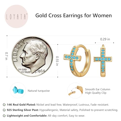 LOYATA Gold Cross Earrings for Women-14K Gold Plated Small Hoop Huggie Earrings Dainty Trendy CZ Cross Hoop Earring Cute Hypoallergenic Hoops Jewelry Gifts for Women Mothers Day Gifts for Mom - color: Turquoise