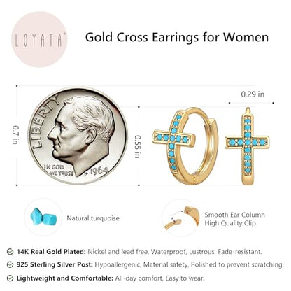LOYATA Gold Cross Earrings for Women-14K Gold Plated Small Hoop Huggie Earrings Dainty Trendy CZ Cross Hoop Earring Cute Hypoallergenic Hoops Jewelry Gifts for Women Mothers Day Gifts for Mom - color: Turquoise