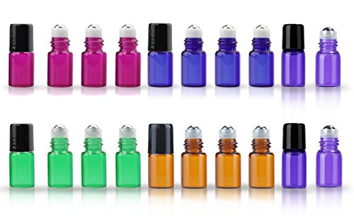 20 Pack Set 2ML(5/8 Dram) Mini Sample Roll Glass Bottles for Essential Oils Roller Refillable Perfume Roll Bottle (2ML Multi) - color: 2ML Multi