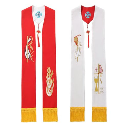 BLESSUME Priest Reversible Stole Embroidered Clergy Stole with Tassels Church Minister Pastor Wedding Shawls - color: White and Red
