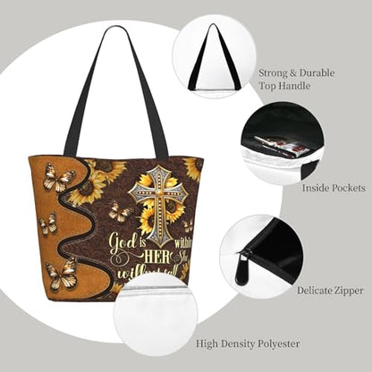 Bible Tote Bags for Women Christian Tote Bag Church Shoulder Bag Inspirational Bags With Zipper Christian Gift - color: God is Within Her She Will Not Fall