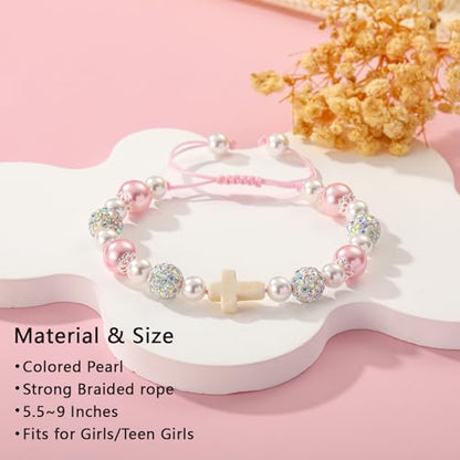 First Communion Confirmation Gifts for Girls, Cross Natural Beads Bracelet Christian Religious Jewelry Gifts for Kids Teen Girls - style: Style-1