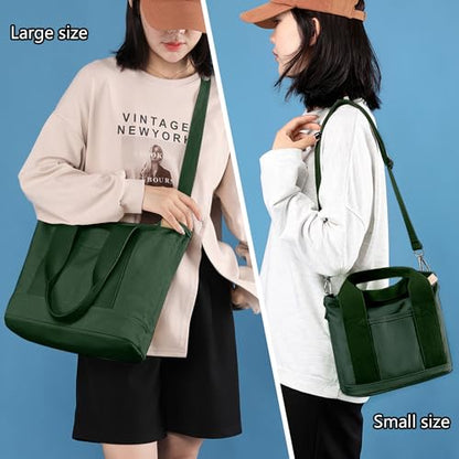 Canvas Tote Bag for Women,Small Totes Bags with Zipper Crossbody Purse with Pockets Large Shoulder Handbag,2 Sizes - color: Dark Green, size: Small