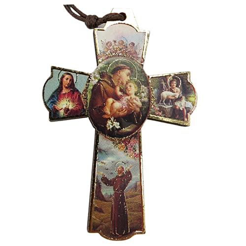 Needzo Saint Anthony Wood Cross Pendant with Sacred Heart and Cherub Angels on Cord, Catholic Necklace Jewelry for Men, 2 1/4 Inch