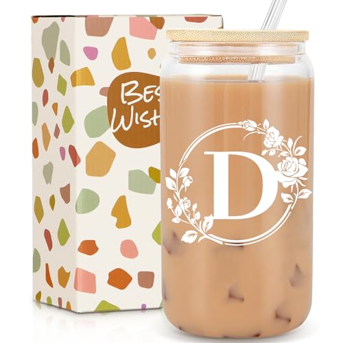 Birthday Gifts for Women, Monogrammed Initial Glass Cup Personalized Gifts for Women, 16oz Glass Cups with Lids and Straws, Iced Coffee Cup, Beer Can Shaped Glass - Gifts for Mothers Day, Christmas, D - style: D
