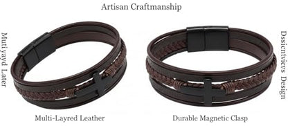 Stainless Steel Braided Leather Bracelet for Men Cuff Bangle Cross - color: Brown&Black