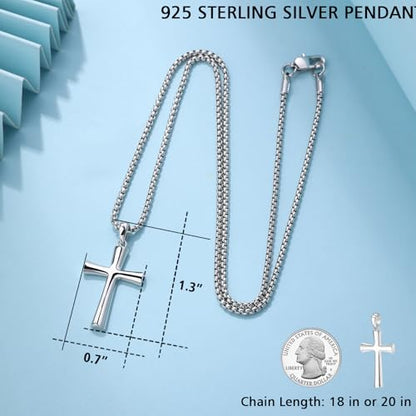 Small Dainty Cross Pendant Necklace 925 Sterling Silver for Women with 18", 20" Sturdy Chain 14K White Gold Plated - size: 18" Chain, style: Chunky
