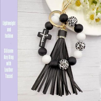 SHINYHARBOR Silicone Beaded Wristlet Keychain Bracelet,Key Wrist Keychains for Women Mom Teachers Best Friend - color: Cross-black&white