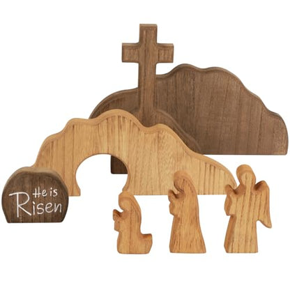 Glintoper Empty Tomb Easter Scene and Cross Decoration, 7pcs Wooden Easter Resurrection Scene Cross Jesus Tomb Tray Set, Tabletop Christian Gifts Jesus Nativity Scene Decor for Religious Home Office - size: 7 PCS