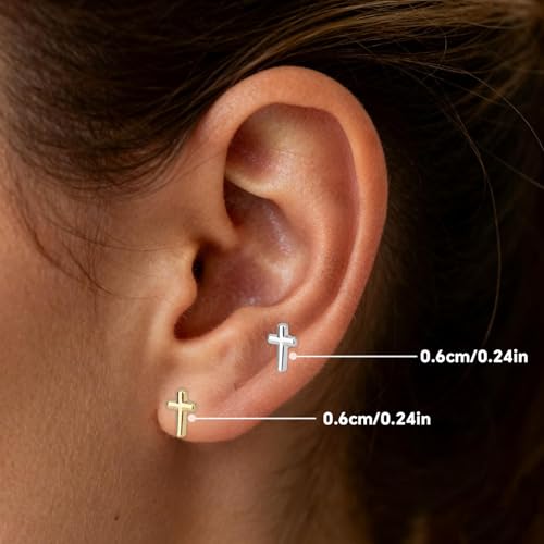 4pcs Cross Earrings for Women, Flat Back Cross Stud Cartilage Piercing Jewelry for Everyday Wear (Silver, Gold)