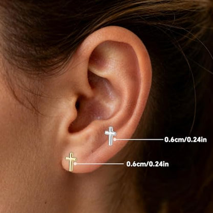 4pcs Cross Earrings for Women, Flat Back Cross Stud Cartilage Piercing Jewelry for Everyday Wear (Silver, Gold)