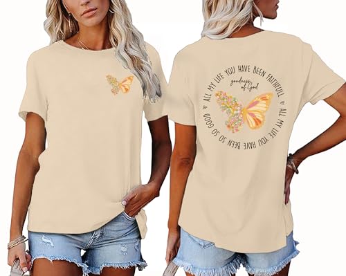 Christian Shirt for Women :Butterfly Graphic Shirts Bible Verse Tshirt Good Ness of God Tee Tops - color: Beige, size: X-Large
