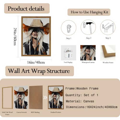 Western Cowgirl Wall Art Modern Cowboy Wall Decor Painting, Southwestern Country Canvas Prints Aesthetics for Living Room Bedroom Home Decoration 16x24 inch Wood Framed - color: Cowboy C, size: 24"L x 16"W