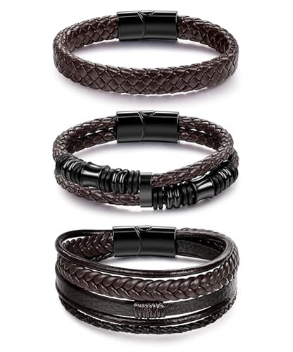 REVOLIA 3Pcs Black Leather Bracelets for Men Women Braided Leather Wristband Cuff Bracelets Multi-Layer Braided Leather Bracelets Set 7.5-9 Inches - color: Brown