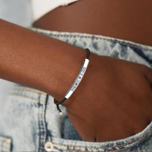 God is in Control Leather Bracelet, Stainless Steel Christian Faith Braided Engraved Bar Bracelets Self Worth Motivation Bracelet Inspirational Friendship Jewelry for Men Women - color: Black&Silver