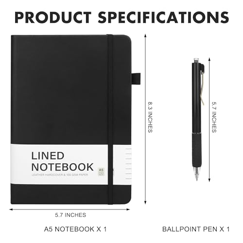 Aodaer 1 Set Lined Notebook Journal with Pen A5 Notebooks 100 GSM College Ruled Hardcover Notebook PU Leather Notepad with Pen Holder for Office School, 5.7 x 8.3 Inches, Black - color: Black