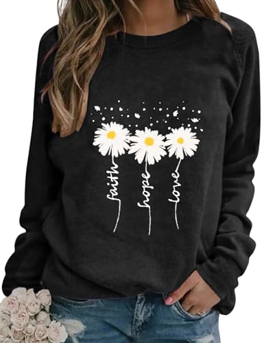 EADINVE Women Daisy Print Sweatshirts Crewneck Long Sleeve Pullover Tops - color: Black, size: Large