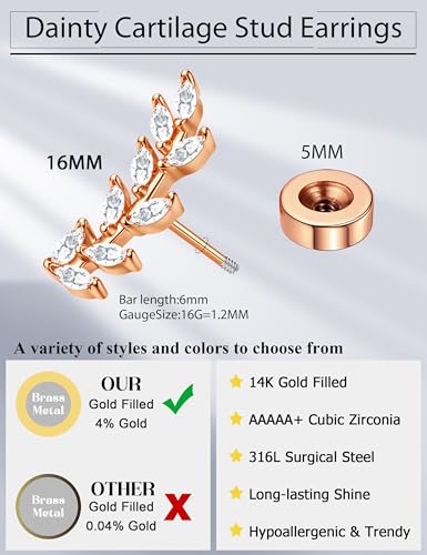 JeryWe Cartilage Earrings for Women Hypoallergenic Helix Piercing Jewelry - color: D:leaf-rosegold filled