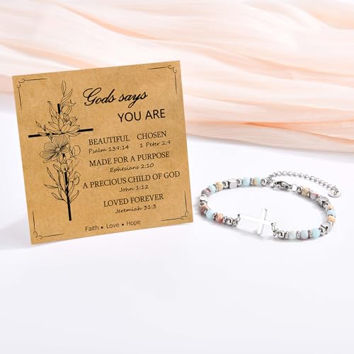 Christian Cross Bracelet for Women Girls, Adjustable Stainless Steel Beaded Cross Bracelets, First Communion Confirmation Easter Religious Bapstim Natural Gemstone Jesus Bracelet Gifts for Her - style: God Says