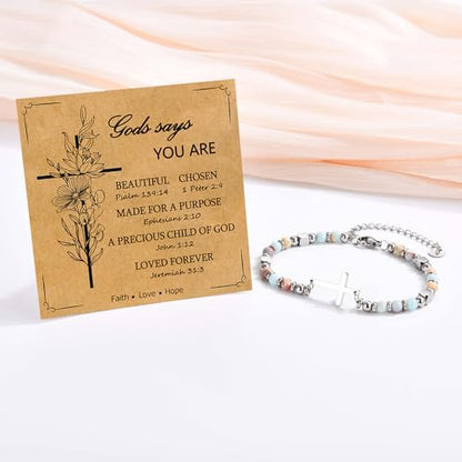 Christian Cross Bracelet for Women Girls, Adjustable Stainless Steel Beaded Cross Bracelets, First Communion Confirmation Easter Religious Bapstim Natural Gemstone Jesus Bracelet Gifts for Her - style: God Says