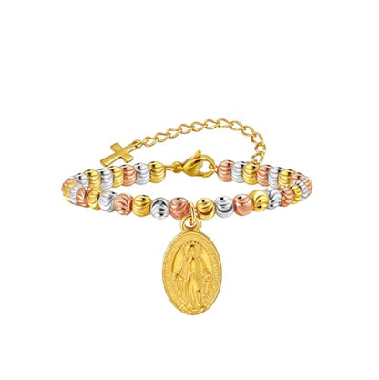 Rnivida 14K Gold Plated Stainless Steel Catholic Rosary Bracelet for Women,Religious Gift for Confirmation Baptism First Communion Easter - color: Three Tone