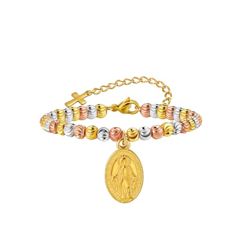 Rnivida 14K Gold Plated Stainless Steel Catholic Rosary Bracelet for Women,Religious Gift for Confirmation Baptism First Communion Easter - color: Three Tone