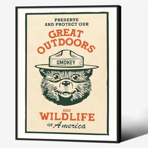 Cute Kids Bear Wall Art Nature Conservation Wildlife Animal Poster Retro Beige Cabin Canvas Prints 08x10 inch Black Framed for Outdoorsy Camping Wall Decor - color: Beige-bframed, size: 10L" x 8W"