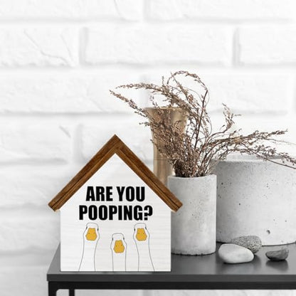 Funny Goose Bathroom Decor, Are You Pooping House Shaped Wooden Sign - color: duck