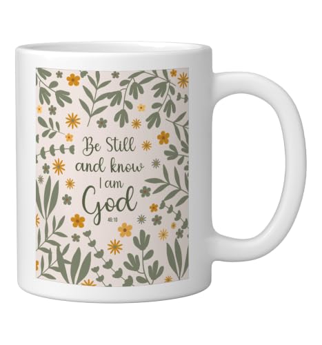 Be Still & Know That I Am God Psalm Bible Verse Floral Women Ceramic Mug, White, 11oz - color: White, size: 11 Ounces