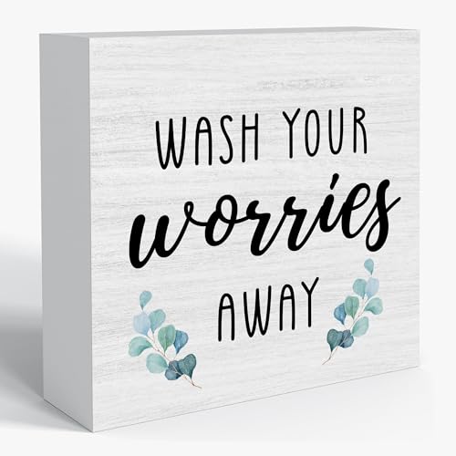 | Wash Your Worries Away Bathroom Sign – 5x5 Wooden Box Art for Bathroom or Laundry Room | Rustic Shelf Accent and Funny Inspirational Desk Decoration-B04 - color: Wash Your Worries Away
