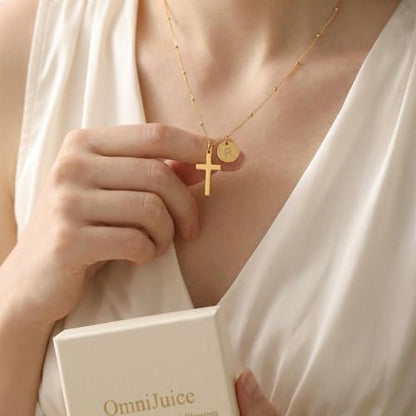 Initial Cross Necklace for Women, Stainless Steel Christian Necklace, Faith Jewelry Gift with Bible Verse Card and Gift Box