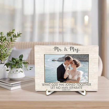 Christian Wedding Picture Frame 4x6, Mr and Mrs Mark 10:9 Bible Verse Photo Frame, Christian Wedding Gifts for the Couple, Just Married Gifts