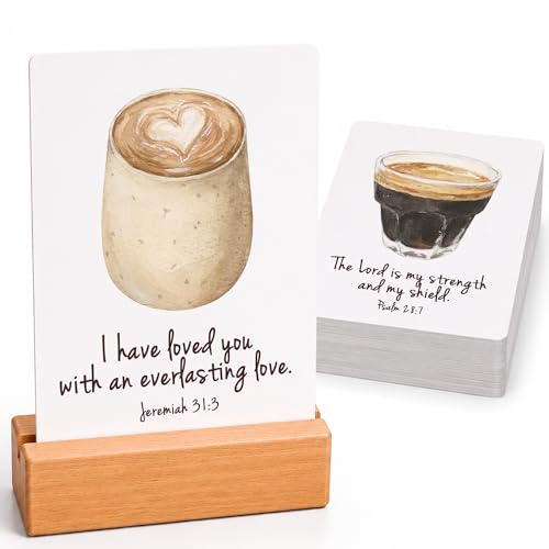 Bible Verse Cards with Wood Stand, 48 Prayer Cards for Daily Display - color: Coffee