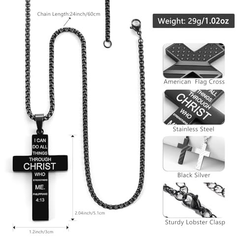 RWQIAN American Flag Cross Necklace for Men Bible Verse, Christian Religious Scriptures Faith Baptism 1st First Communion Pendant Chain for Boys, Fathers Dad Day Graduation Jewelry Gifts for Him - color: Black, style: Always Remember