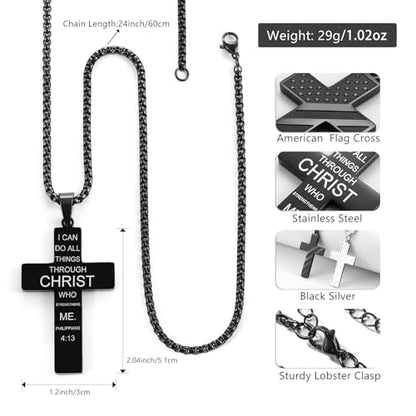 RWQIAN American Flag Cross Necklace for Men Bible Verse, Christian Religious Scriptures Faith Baptism 1st First Communion Pendant Chain for Boys, Fathers Dad Day Graduation Jewelry Gifts for Him - color: Black, style: Isaiah 41-10