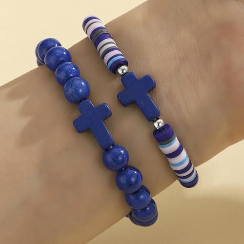 Colorful Handmade Cross Beaded Bracelet for Women Qute Religious Stone Clay Beaded Bracelet for Christian Inspirational Easter Chrismas Thanksgiving Gifts Jewelry - color: Blue