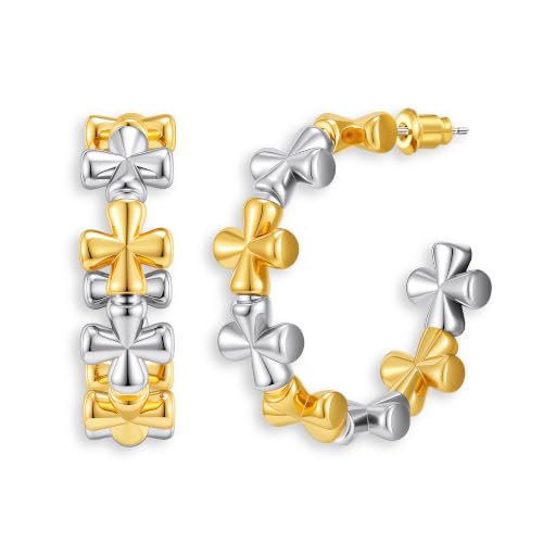 Two Tone Gold Silver Hoop Earrings Mixed Metal Open C Hoop Earrings - color: Cross