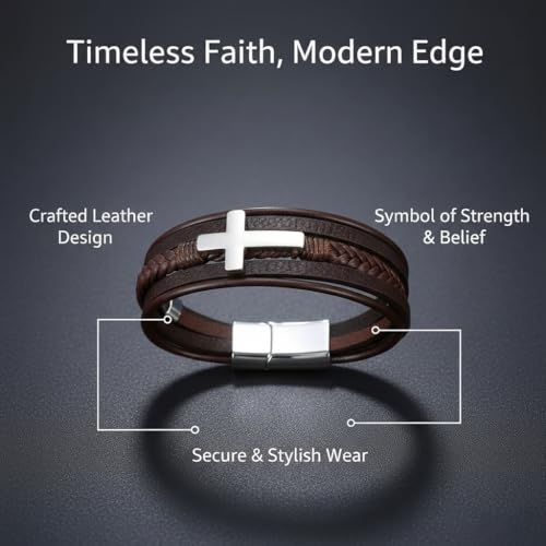 Stainless Steel Braided Leather Bracelet for Men Cuff Bangle Cross - color: Brown&White