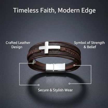 Stainless Steel Braided Leather Bracelet for Men Cuff Bangle Cross - color: Brown&White