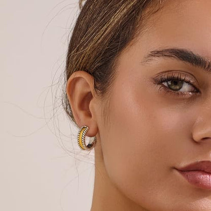 Two Tone Gold Silver Hoop Earrings Mixed Metal Open C Hoop Earrings - color: Antique